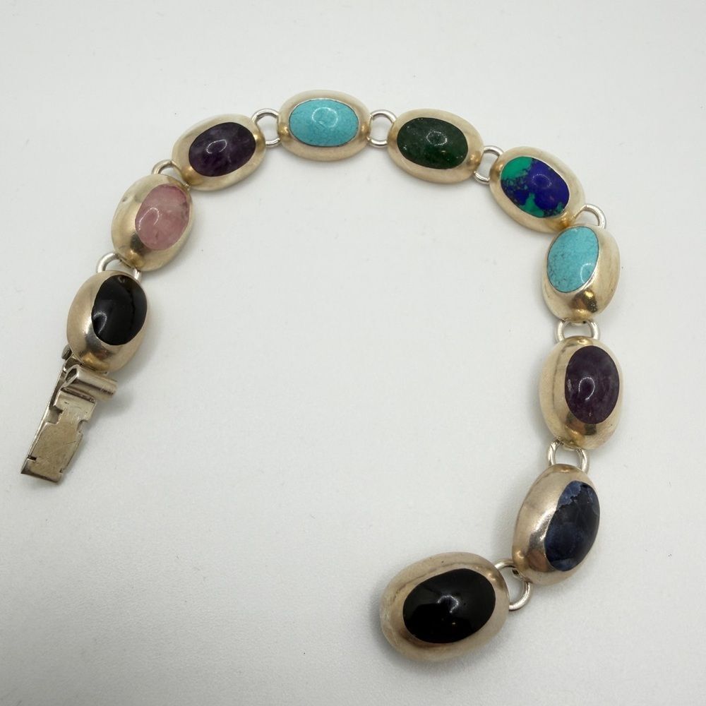 ~7.5" VINTAGE TAXCO Multi-stone cabochon tennis bracelet in solid 925!